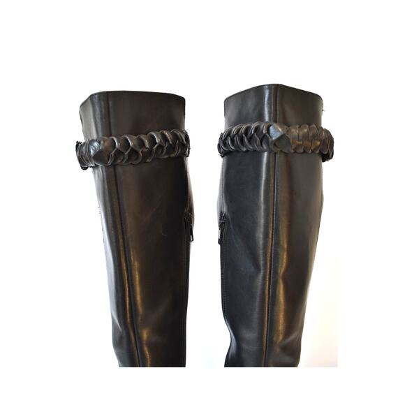 Saks Fifth Avenue Black Tall Boots Size 7M Leather Zipper Ribbon - Picture 2 of 13